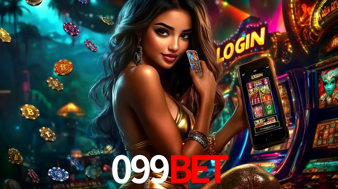 Mulher em um cenário de cassino temático de aventura, mostrando o app de caça-níqueis da 099BET no celular. Fichas de apostas flutuam ao redor.