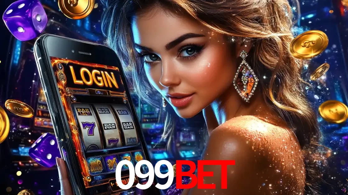 Mulher glamorosa segurando um smartphone com a tela de login para os jogos de caça-níqueis do cassino online 099BET, com moedas de ouro e dados ao redor.