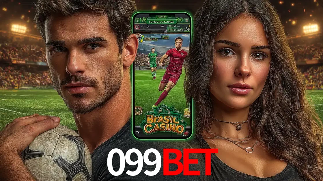Homem segurando uma bola de futebol e uma mulher ao lado de um smartphone exibindo o jogo de apostas esportivas da 099BET. Faça seu palpite no cassino online.